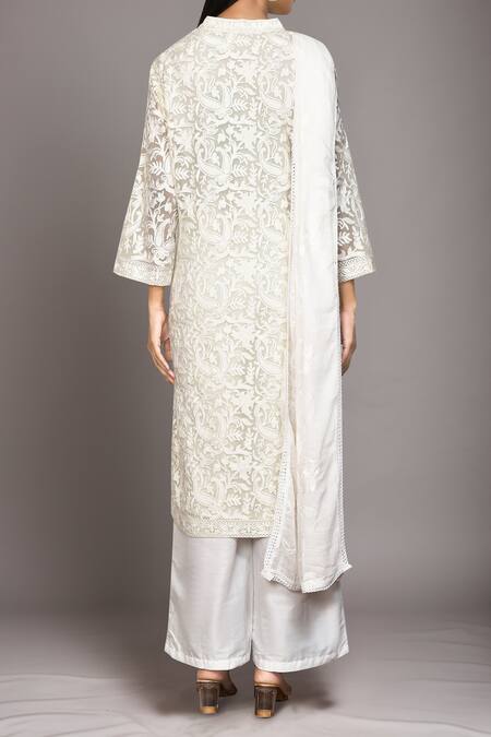 Shop Samyukta Singhania Cream Georgette Embroidery Mandarin Collar Floral Kurta Set at Aza Fashions Shop_Samyukta Singhania_Cream Georgette Embroidery Mandarin Collar Floral Kurta Set_at_Aza_Fashions