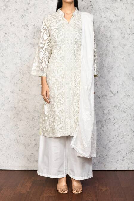 Buy_Samyukta Singhania_Cream Georgette Embroidery Mandarin Collar Floral Kurta Set_Online_at_Aza_Fashions
