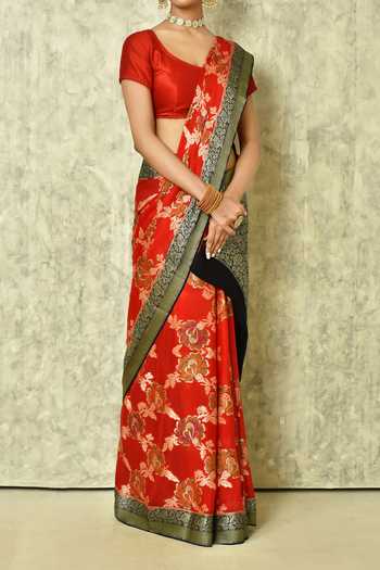 Buy_Samyukta Singhania_Red Chiffon, Georgette Embroidery Flower Woven Saree With Running Blouse _Online_at_Aza_Fashions