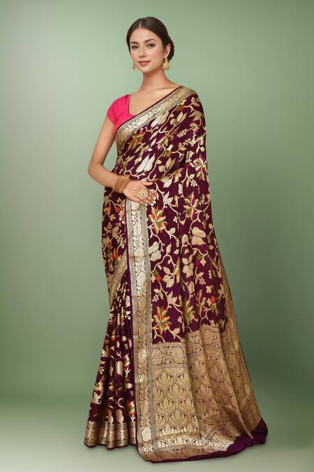 Samyukta Singhania Wine Chiffon, Georgette Embroidery Botanic Woven Saree With Running Blouse