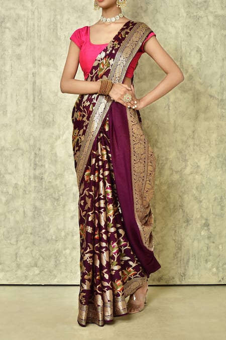 Buy_Samyukta Singhania_Wine Chiffon, Georgette Embroidery Botanic Woven Saree With Running Blouse _Online_at_Aza_Fashions