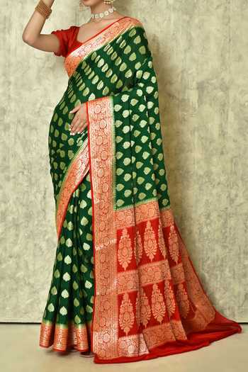 Buy_Khwaab By Sanjana Lakhani_Green Chiffon, Georgette Embroidery Flower Pattern Saree With Running Blouse _Online_at_Aza_Fashions
