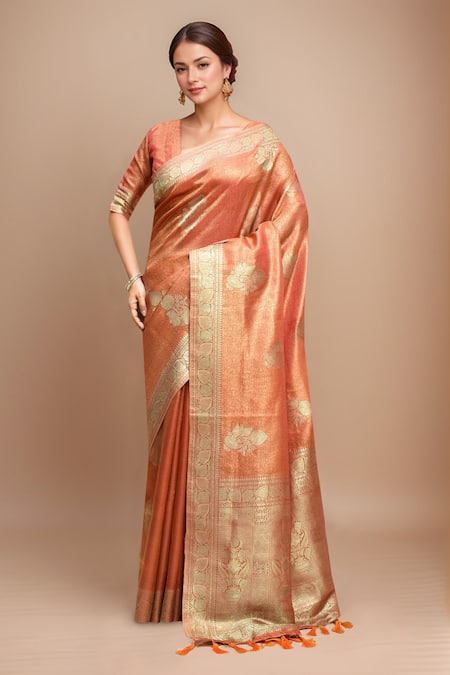 Samyukta Singhania Orange Tissue Embroidery Plunge Neck Flower Woven Saree With Blouse 