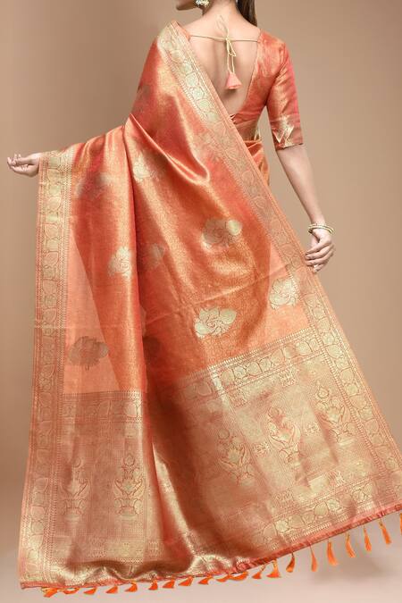 Shop Samyukta Singhania Orange Tissue Embroidery Plunge Neck Flower Woven Saree With Blouse at Aza Fashions Shop_Samyukta Singhania_Orange Tissue Embroidery Plunge Neck Flower Woven Saree With Blouse_at_Aza_Fashions