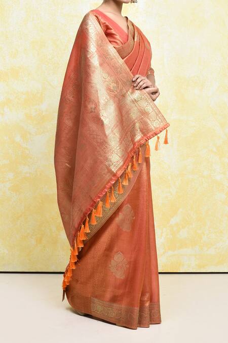 Samyukta Singhania_Orange Tissue Embroidery Plunge Neck Flower Woven Saree With Blouse_Online_at_Aza_Fashions