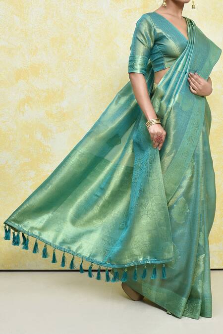 Buy_Samyukta Singhania_Green Tissue Embroidery Plunge Neck Floral Buttis Woven Saree With Blouse_Online_at_Aza_Fashions