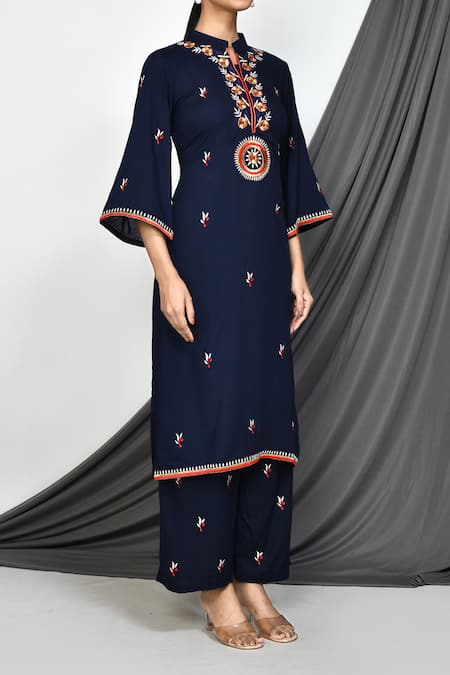 Shop_Naintara Bajaj_Blue Rayon Embroidery Mandarin Collar Buttercup Flora Kurta With Pant _Online_at_Aza_Fashions