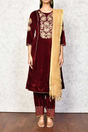 Shop Samyukta Singhania Maroon Velvet, Chanderi Embroidery, Cut Work Round Neck Floral Kurta Pant Set Online at Aza Fashions Shop_Samyukta Singhania_Maroon Velvet, Chanderi Embroidery, Cut Work Round Neck Floral Kurta Pant Set _Online_at_Aza_Fashions