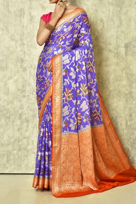 Buy_Samyukta Singhania_Purple Chiffon, Georgette Embroidery Botanical Pattern Saree With Running Blouse _Online_at_Aza_Fashions