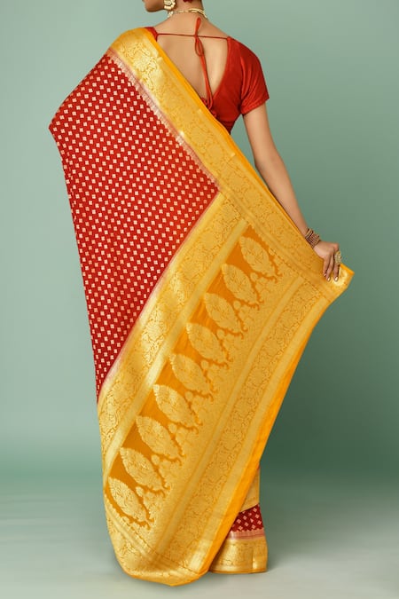 Shop Samyukta Singhania Red Chiffon Embroidery Bloom Woven Saree With Running Blouse at Aza Fashions Shop_Samyukta Singhania_Red Chiffon Embroidery Bloom Woven Saree With Running Blouse _at_Aza_Fashions