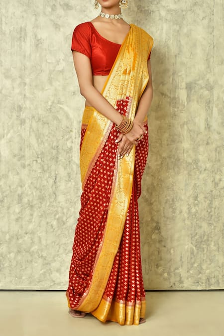 Buy_Samyukta Singhania_Red Chiffon Embroidery Bloom Woven Saree With Running Blouse _Online_at_Aza_Fashions