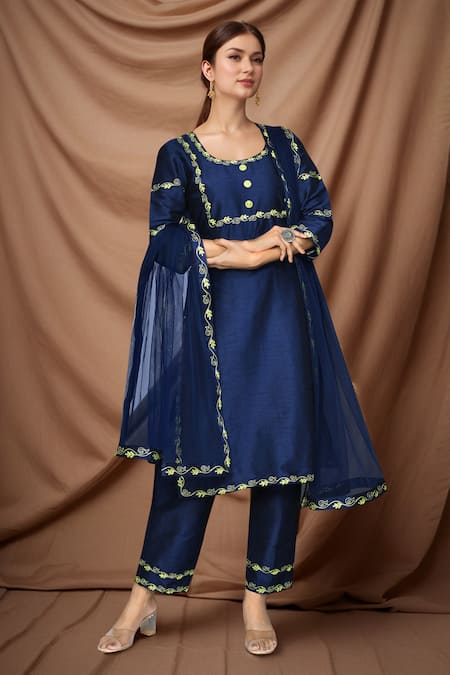 Samyukta Singhania Blue Silk, Net Embroidery Round Neck Aari Floral Vine Work Kurta Pant Set 