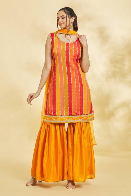 Samyukta Singhania_Multi Color Nylon, Silk, Net Gota Patti, Embroidery Stripe Kurta Sharara Set _at_Aza_Fashions