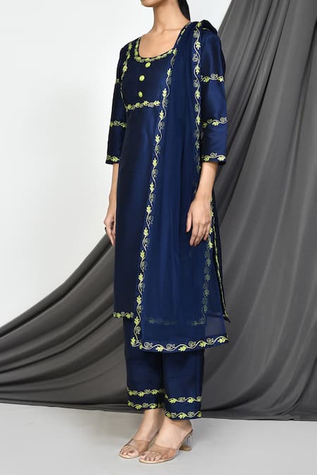 Shop_Samyukta Singhania_Blue Silk, Net Embroidery Round Neck Aari Floral Vine Work Kurta Pant Set _Online_at_Aza_Fashions