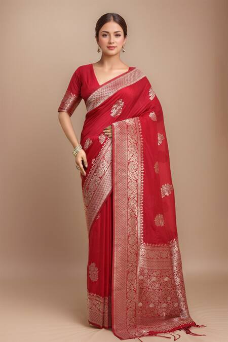 Samyukta Singhania Red Georgette Zari, Embroidery V-neck Jaal Woven Saree With Blouse