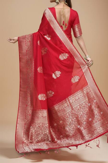 Shop Samyukta Singhania Red Georgette Zari, Embroidery V-neck Jaal Woven Saree With Blouse at Aza Fashions Shop_Samyukta Singhania_Red Georgette Zari, Embroidery V-neck Jaal Woven Saree With Blouse_at_Aza_Fashions