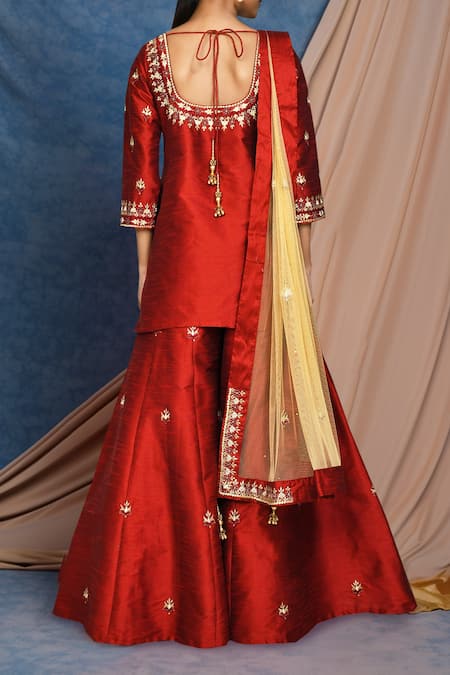 Shop Samyukta Singhania Maroon Silk, Chiffon Zari, Embroidery Bloom Motif Resham Kurta Sharara Set at Aza Fashions Shop_Samyukta Singhania_Maroon Silk, Chiffon Zari, Embroidery Bloom Motif Resham Kurta Sharara Set _at_Aza_Fashions