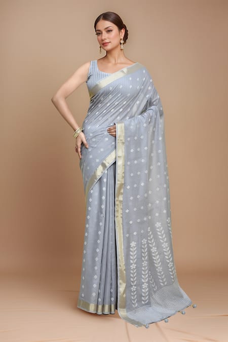 Samyukta Singhania Grey Modal, Polyester Square Neck Poly Viscose Saree With Blouse 