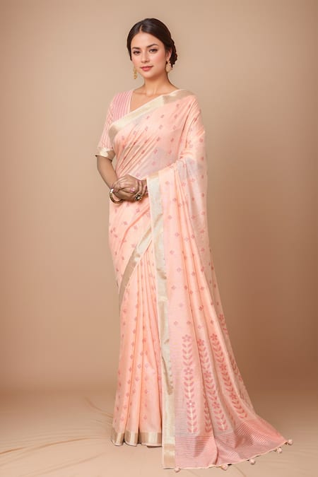 Samyukta Singhania Pink Modal, Polyester V-neck Handloom Poly Viscose Saree With Blouse 