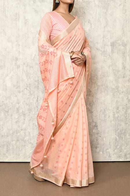 Samyukta Singhania_Pink Modal, Polyester V-neck Handloom Poly Viscose Saree With Blouse_Online_at_Aza_Fashions