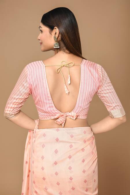 Shop_Samyukta Singhania_Pink Modal, Polyester V-neck Handloom Poly Viscose Saree With Blouse_Online_at_Aza_Fashions