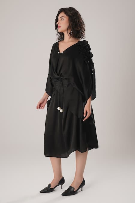 Atbw_Black Modal, Satin Pearls V-neck Designer Kaftan _Online_at_Aza_Fashions
