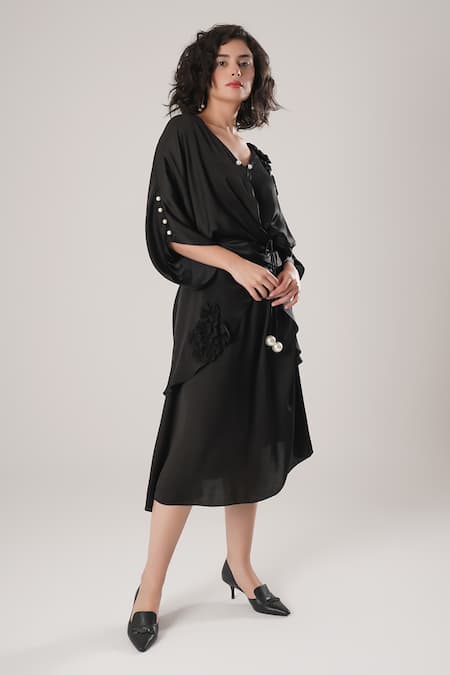 Buy_Atbw_Black Modal, Satin Pearls V-neck Designer Kaftan _Online_at_Aza_Fashions