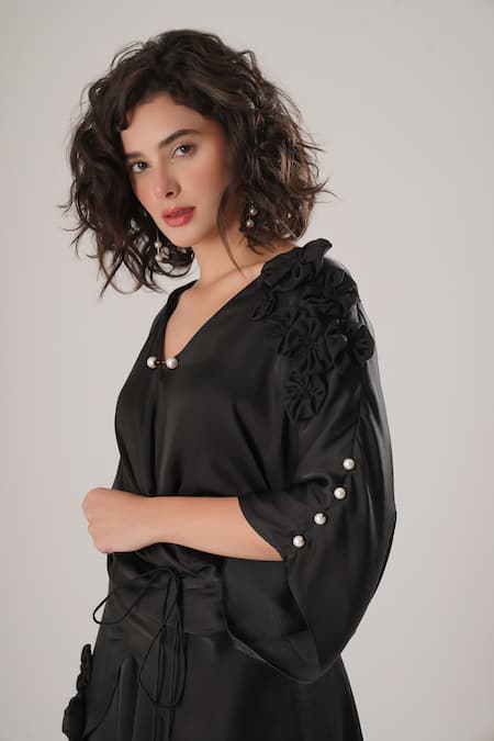 Shop_Atbw_Black Modal, Satin Pearls V-neck Designer Kaftan _Online_at_Aza_Fashions
