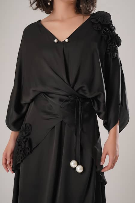 Atbw_Black Modal, Satin Pearls V-neck Designer Kaftan _at_Aza_Fashions
