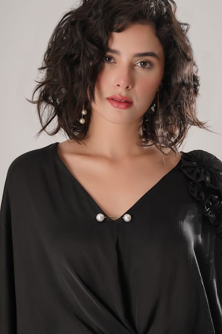 Buy_Atbw_Black Modal, Satin Pearls V-neck Designer Kaftan 