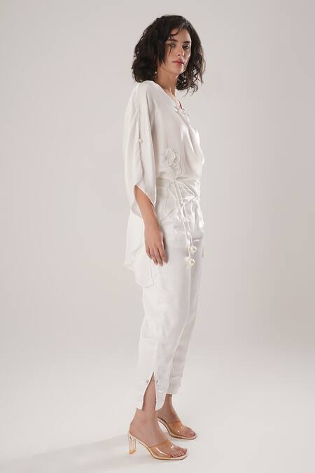 Buy_Atbw_White Modal, Satin Applique V-neck Shirt _Online_at_Aza_Fashions