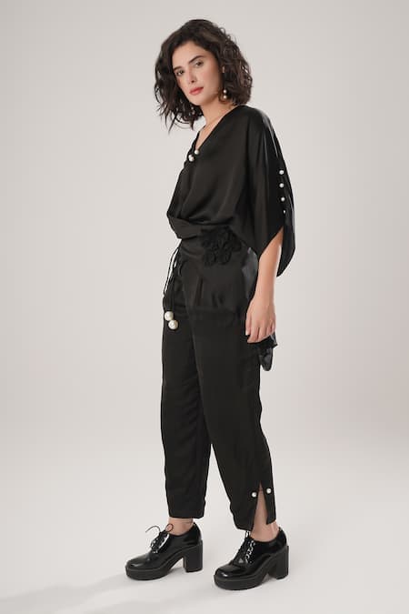 Atbw_Black Modal, Satin Pearls V-neck Designer Shirt _Online_at_Aza_Fashions