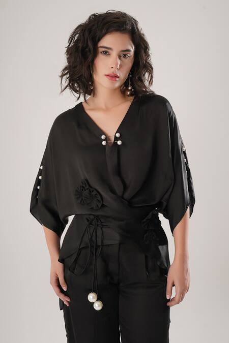 Buy_Atbw_Black Modal, Satin Pearls V-neck Designer Shirt _Online_at_Aza_Fashions