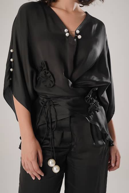 Shop_Atbw_Black Modal, Satin Pearls V-neck Designer Shirt _Online_at_Aza_Fashions
