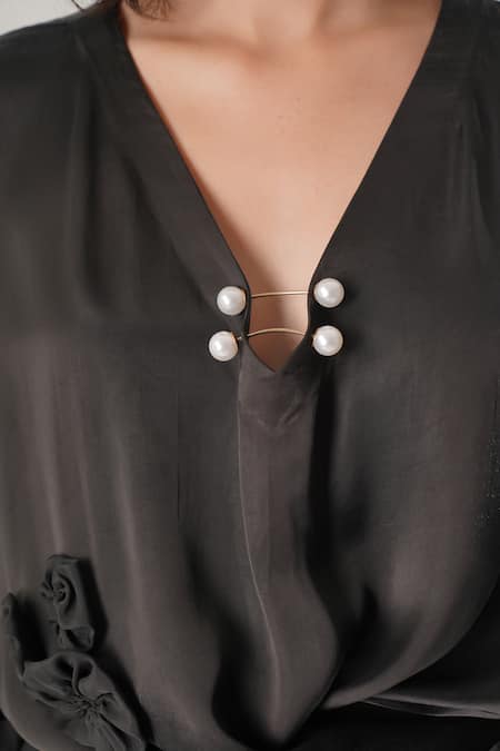 Atbw_Black Modal, Satin Pearls V-neck Designer Shirt _at_Aza_Fashions
