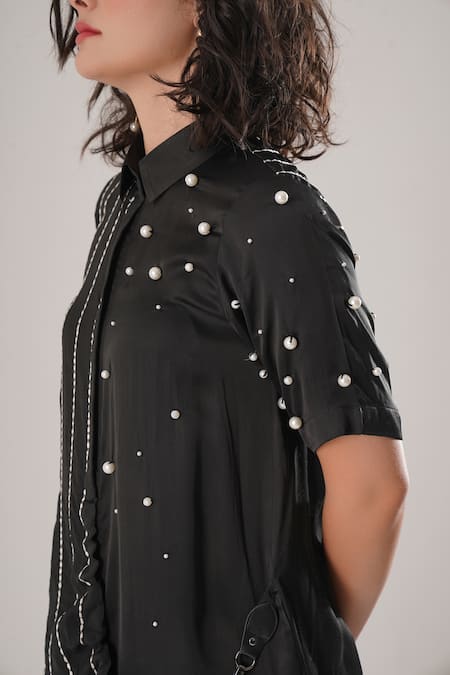 Shop_Atbw_Black Modal, Satin Beads Collared Designer Dress _Online_at_Aza_Fashions