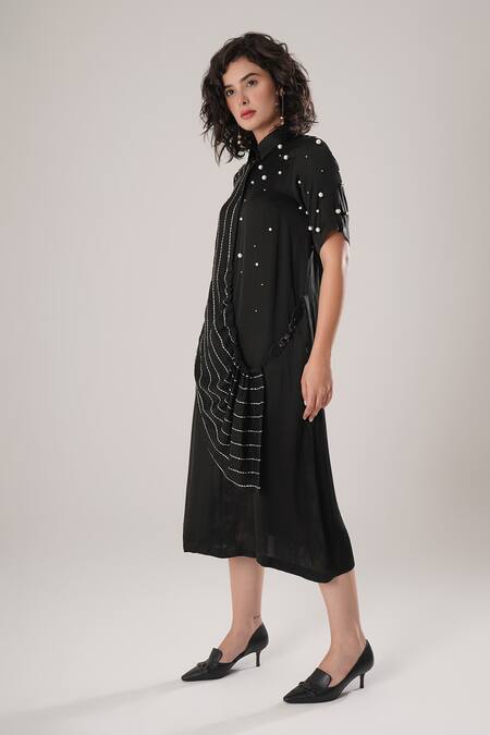 Atbw_Black Modal, Satin Beads Collared Designer Dress _at_Aza_Fashions
