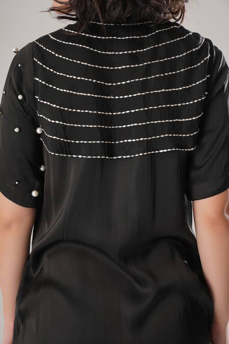 Buy_Atbw_Black Modal, Satin Beads Collared Designer Dress 