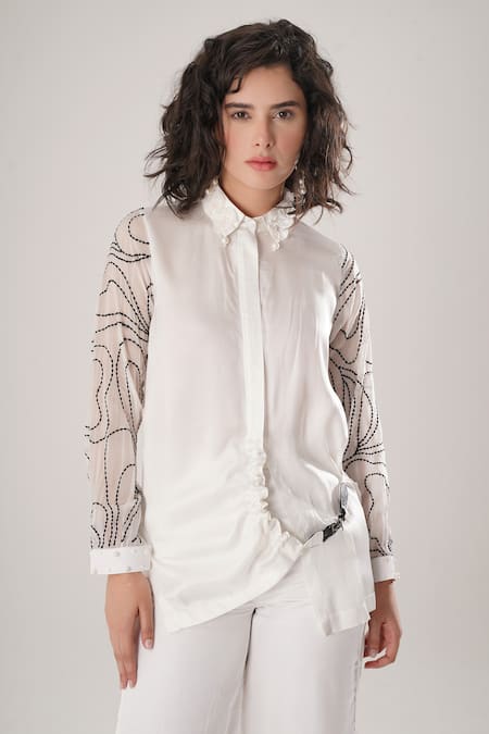 ATBW White Modal, Satin Pearls, Embroidery Collared Designer Shirt 