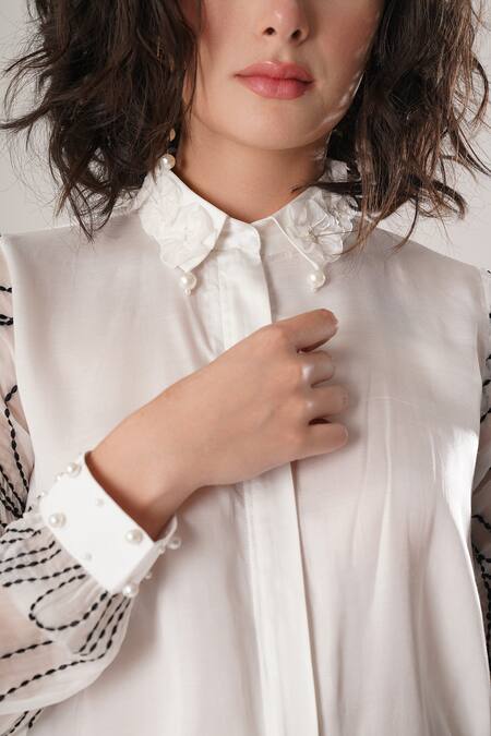 Shop Atbw White Modal, Satin Pearls, Embroidery Collared Designer Shirt Online at Aza Fashions Shop_Atbw_White Modal, Satin Pearls, Embroidery Collared Designer Shirt _Online_at_Aza_Fashions