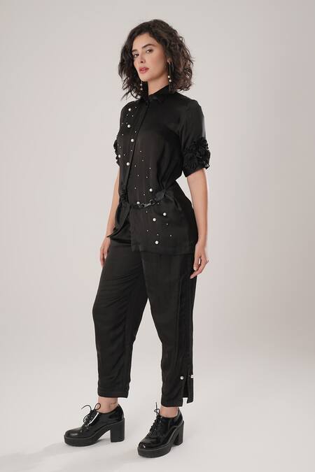 Atbw_Black Modal, Satin Pearls, Fabric Flowers Collared Designer Shirt _Online_at_Aza_Fashions