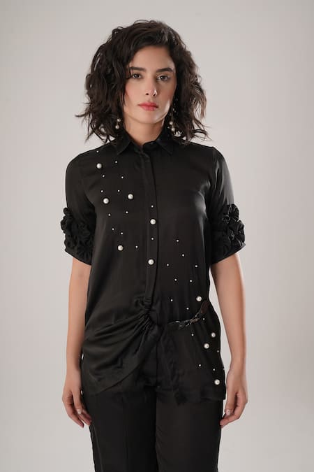 ATBW Black Modal, Satin Pearls, Fabric Flowers Collared Designer Shirt 