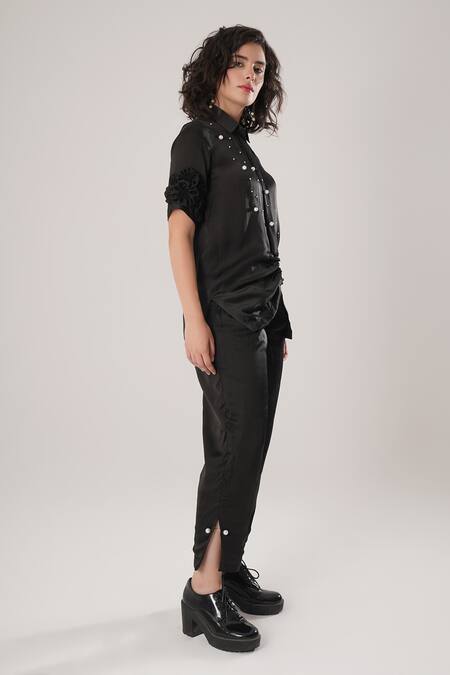 Buy_Atbw_Black Modal, Satin Pearls, Fabric Flowers Collared Designer Shirt _Online_at_Aza_Fashions