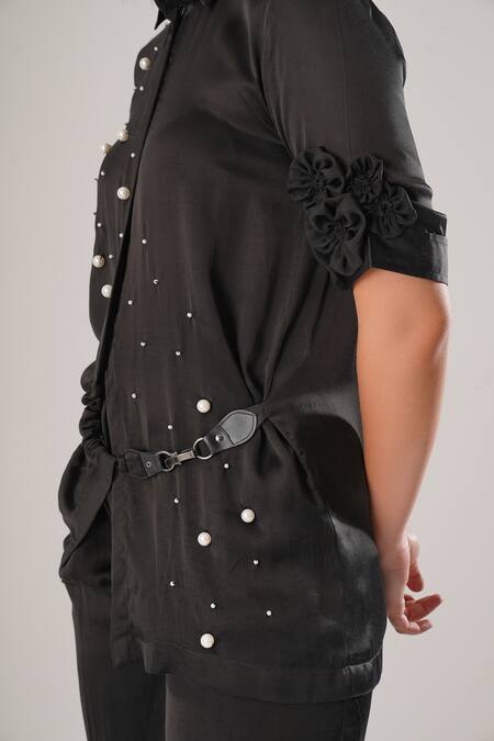 Atbw_Black Modal, Satin Pearls, Fabric Flowers Collared Designer Shirt _at_Aza_Fashions
