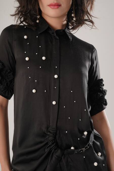 Buy_Atbw_Black Modal, Satin Pearls, Fabric Flowers Collared Designer Shirt 