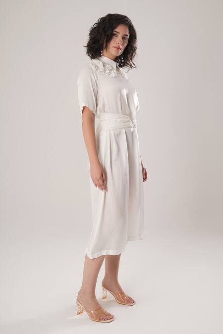 Shop_Atbw_White Modal, Satin Fabric Flowers Collared Designer Dress _Online_at_Aza_Fashions