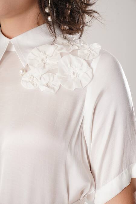 Atbw_White Modal, Satin Fabric Flowers Collared Designer Dress _at_Aza_Fashions