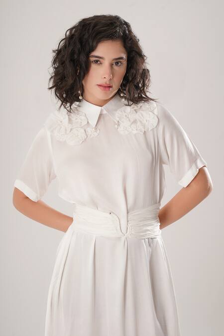Buy_Atbw_White Modal, Satin Fabric Flowers Collared Designer Dress 