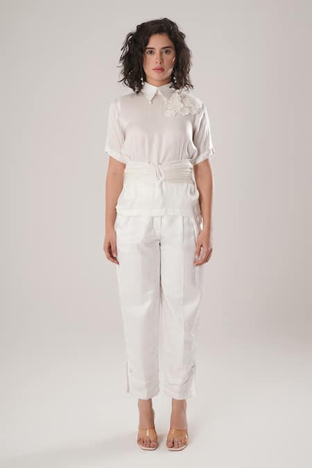 Atbw_White Modal, Satin Fabric Flowers Collared Designer Shirt _Online_at_Aza_Fashions