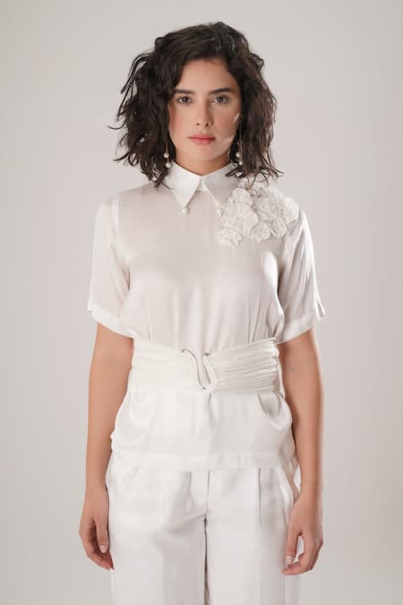 ATBW White Modal, Satin Fabric Flowers Collared Designer Shirt 